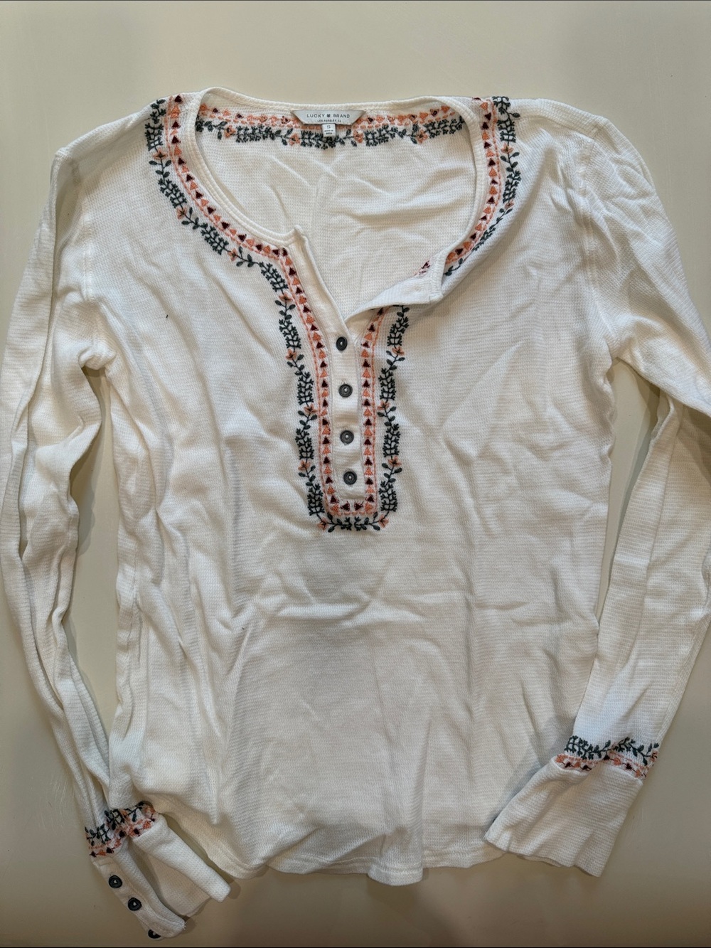 Lucky Brand White Long-Sleeve Henley with Pink and Black Embroidery